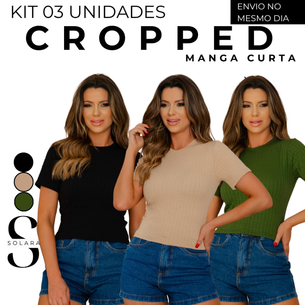 KIT 03 Camiseta Manga Curta Feminino Texturizado Justo Blusca Cropped Casual