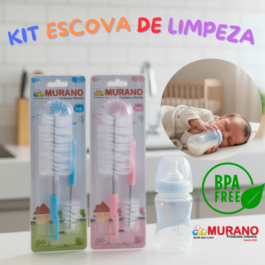 Kit 10-20 Escovas Higiene Limpeza para Mamadeira e Bico – Murano | 2 Escovas Blister ALTO
