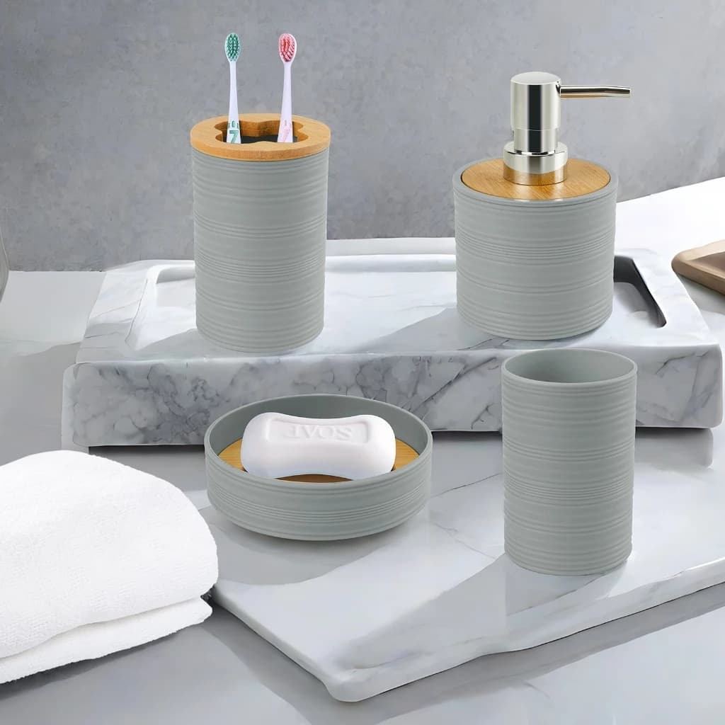Conjunto Kit Elegante de 4 Peças para Lavabo Banheiro em Fibra de Bambu e PP Resistente