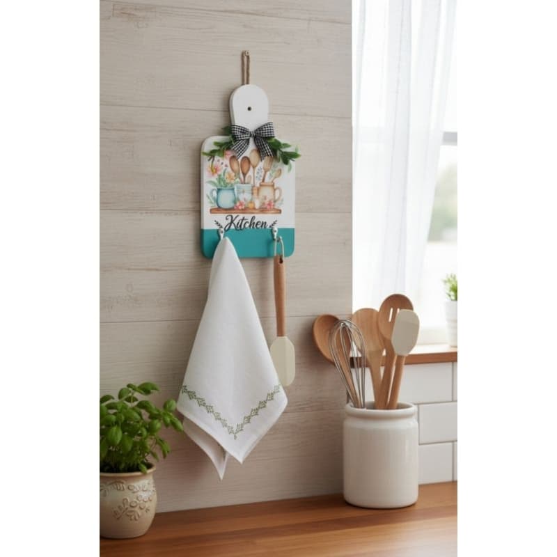 Placa decorativa Tábuas " Kitchen " rustica com ganchos Porta panos de prato, porta utensílios,cor Turquesa