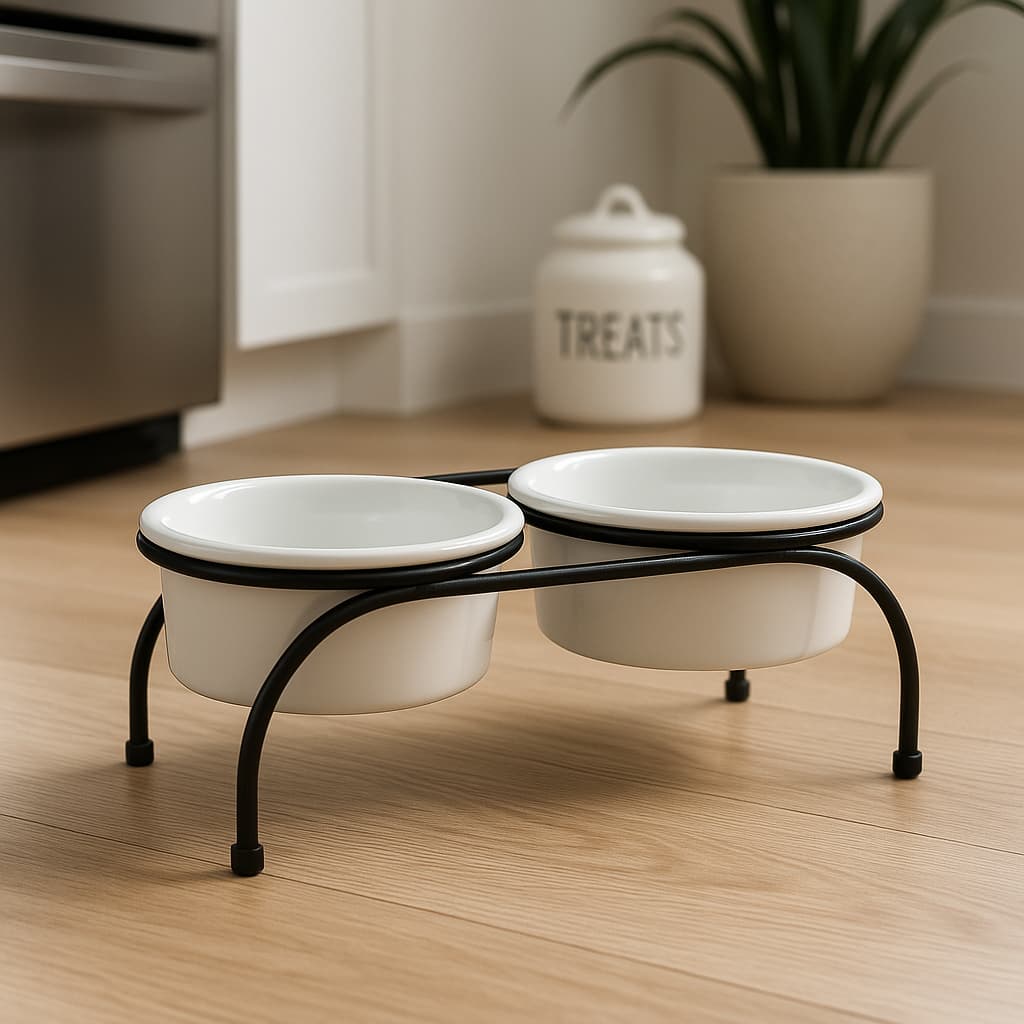 Comedouro Elevado Duplo em Porcelana com Suporte – Tamanhos P, M e G
