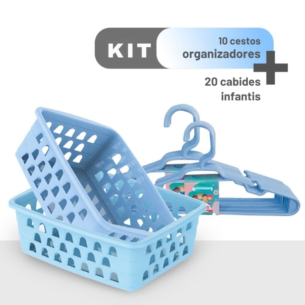 Kit 20 Cabides Infantil e 10 Cestos Organizador Azul Bebe Guarda Roupa
