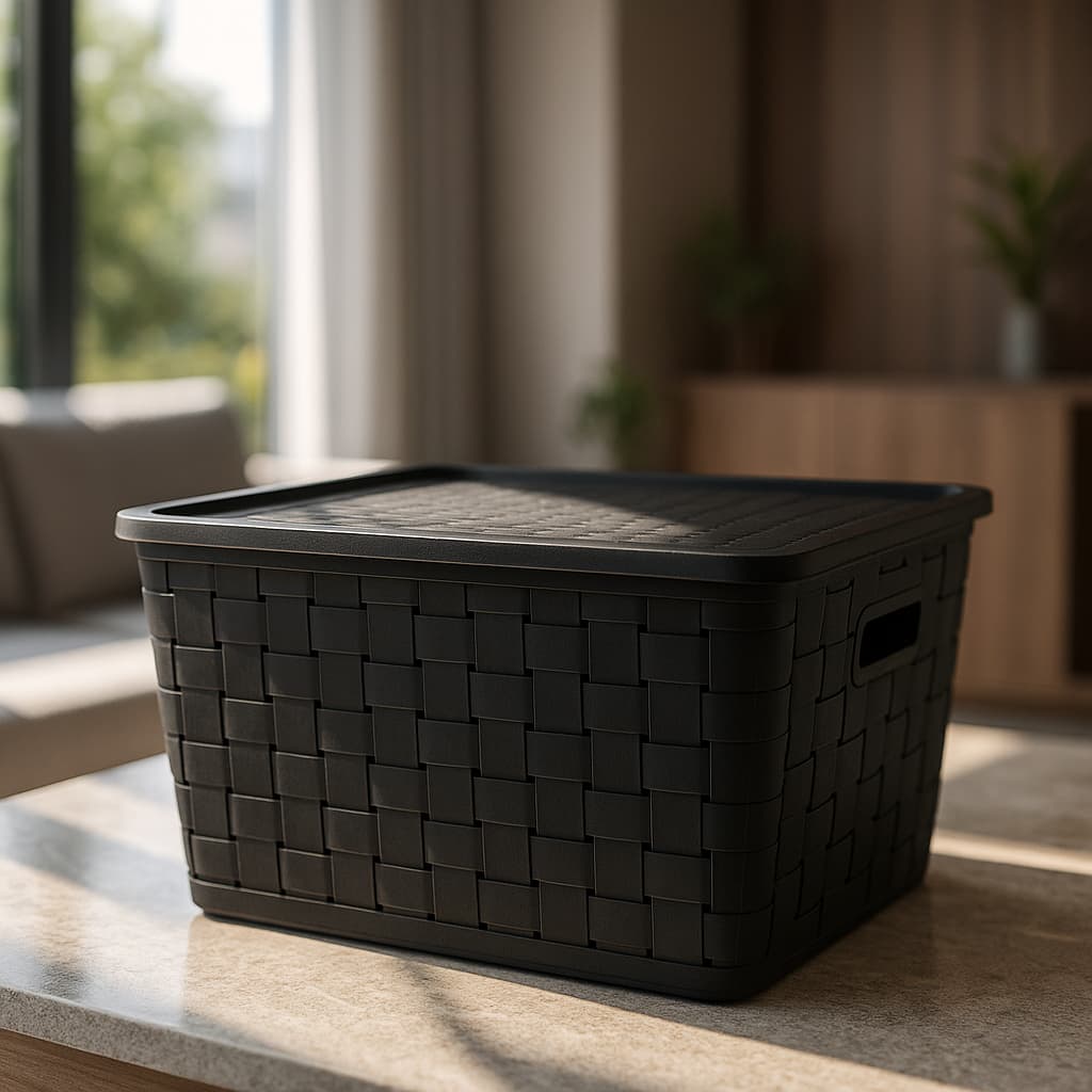 Caixa Organizadora 29 Litros com Tampa Rattan Plástico Resistente Cesto Multiuso Plasnorthon