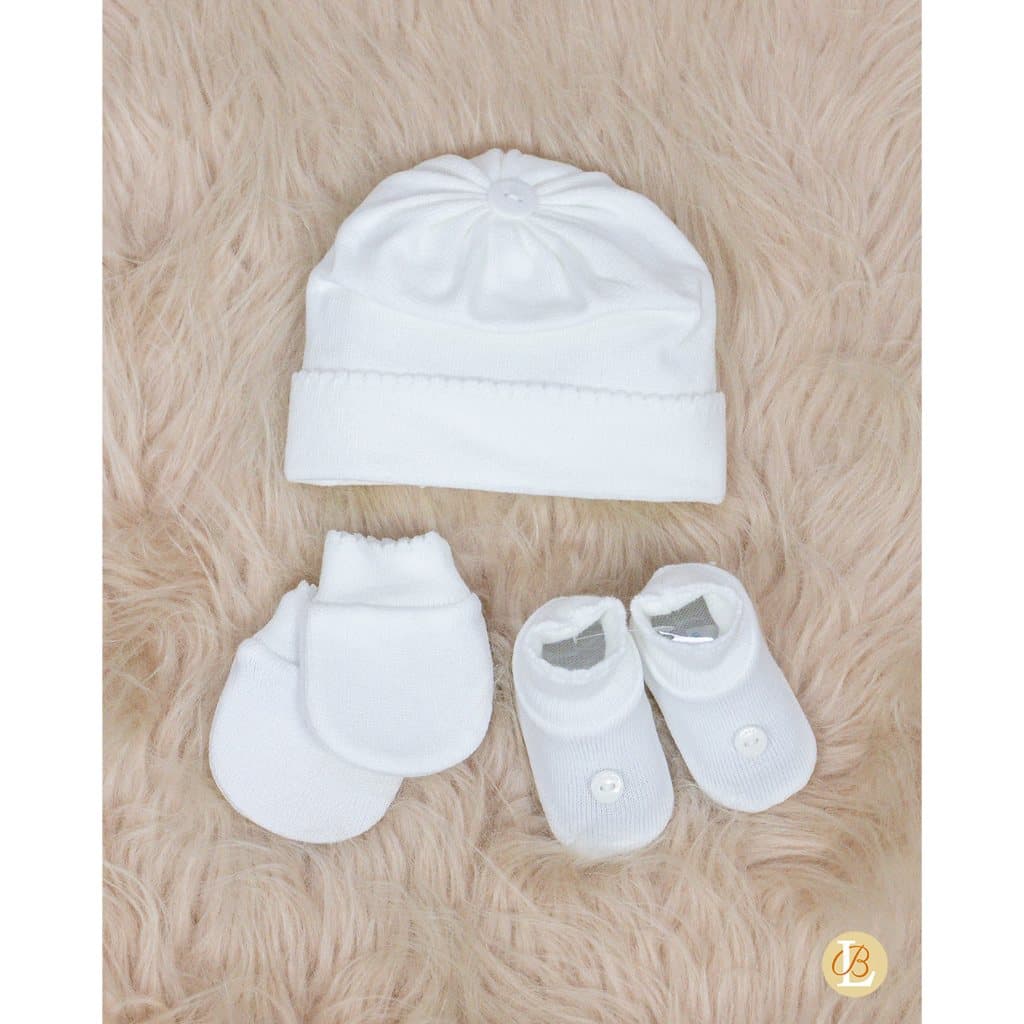 Kit saida maternidade  Sapato Touca e Luva Conjunto Recem Nascido Saida Maternidade branco botão