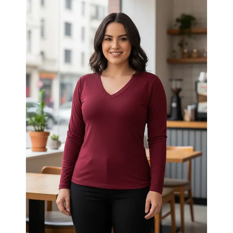 Blusa Manga Longa Gola V Casual, Camiseta Feminina Tecido fresco T-Shirt Básica Plus Size Até G4