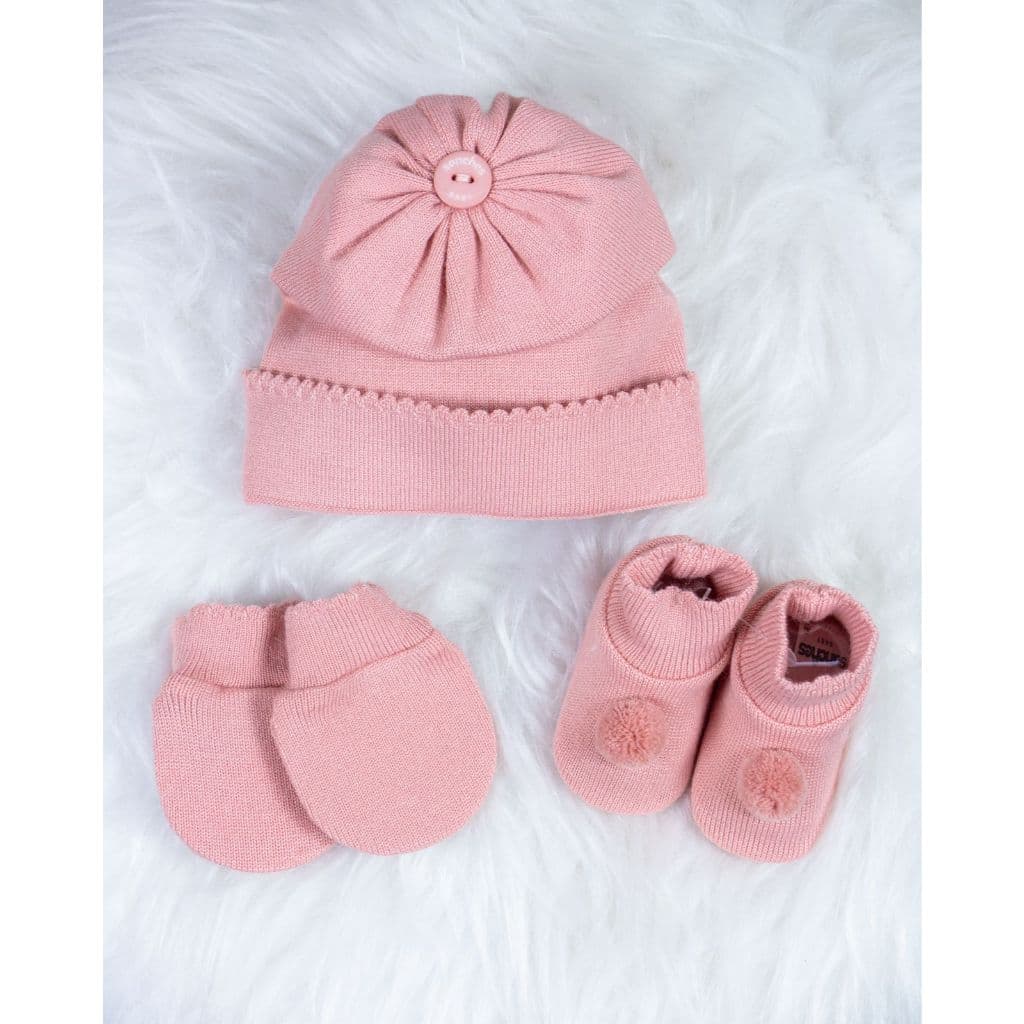 Kit saida maternidade  Sapato Touca e Luva Conjunto Recem Nascido Rosê Pom Pom