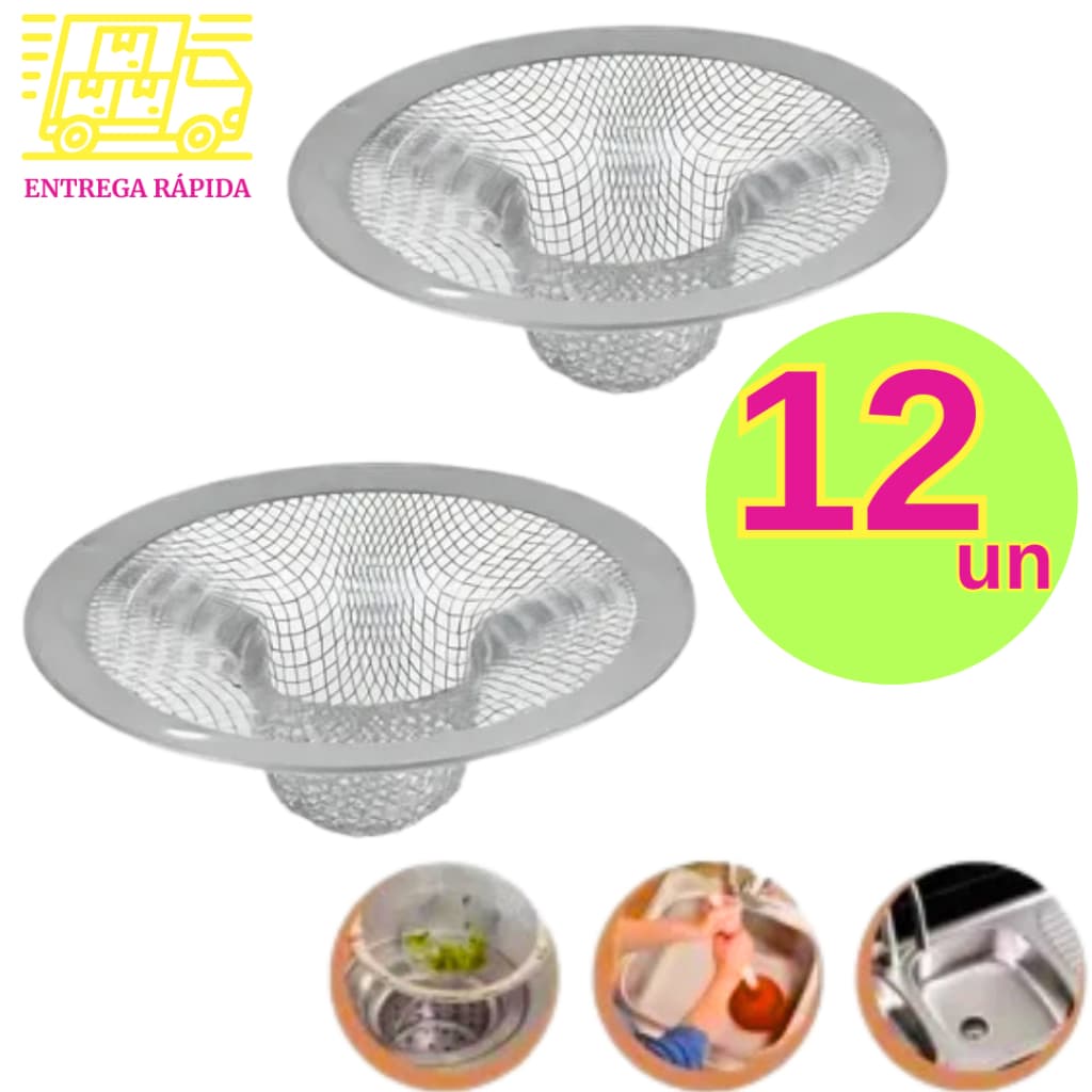 Kit 12 Peças Ralo Ralinho para Pia de Cozinha Banheiro Tanque Borda em Aço Inox Premium 7cm Cestinha