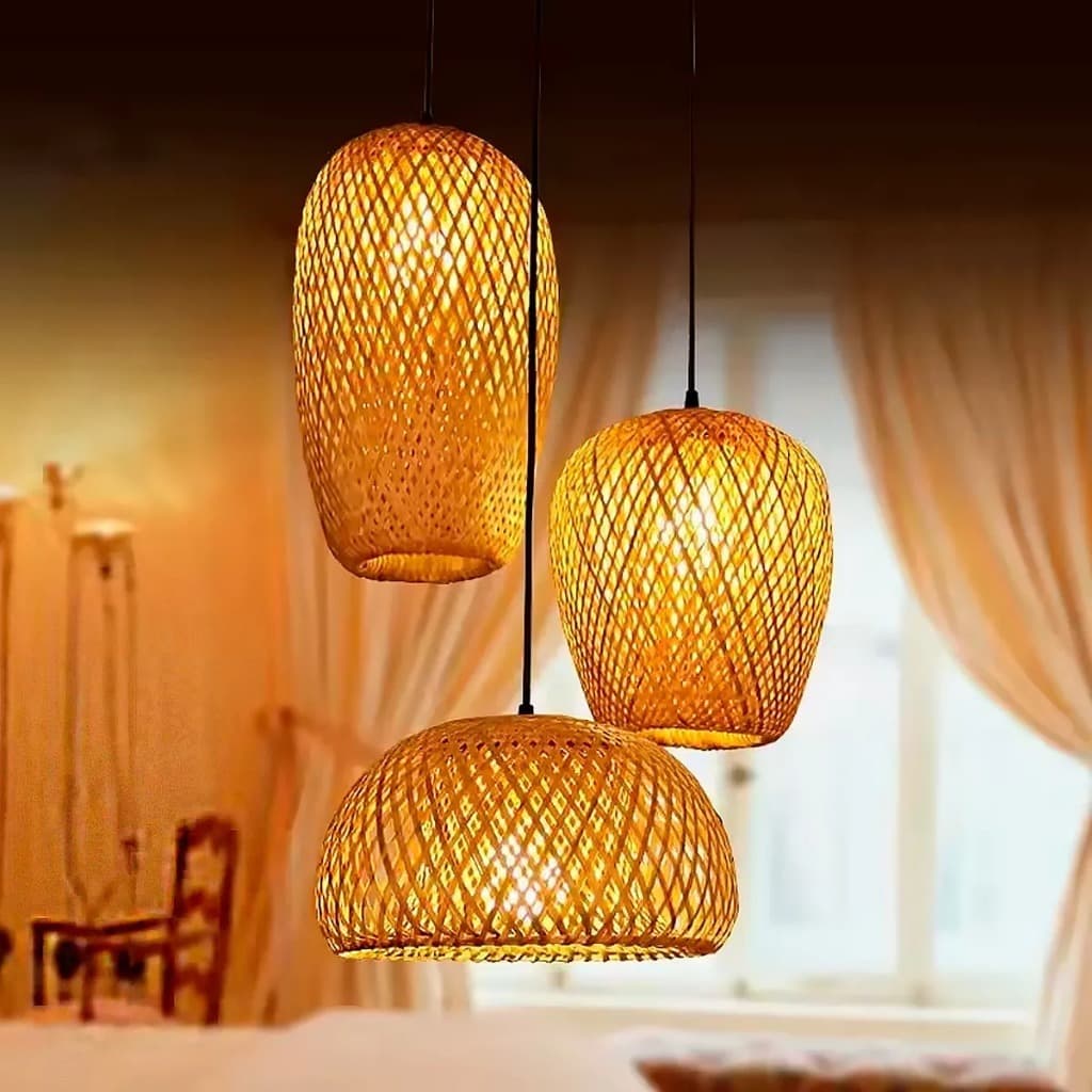 Kit Composição 3 Pendentes Em Bambu Fibra Natural Casa Campo Lustre Aconchegante Bivolt Completo