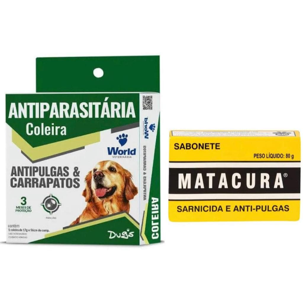 Kit Coleira Antiparasitários Dug’s e Sabonete Matacura Sarnicida e Antipulgas
