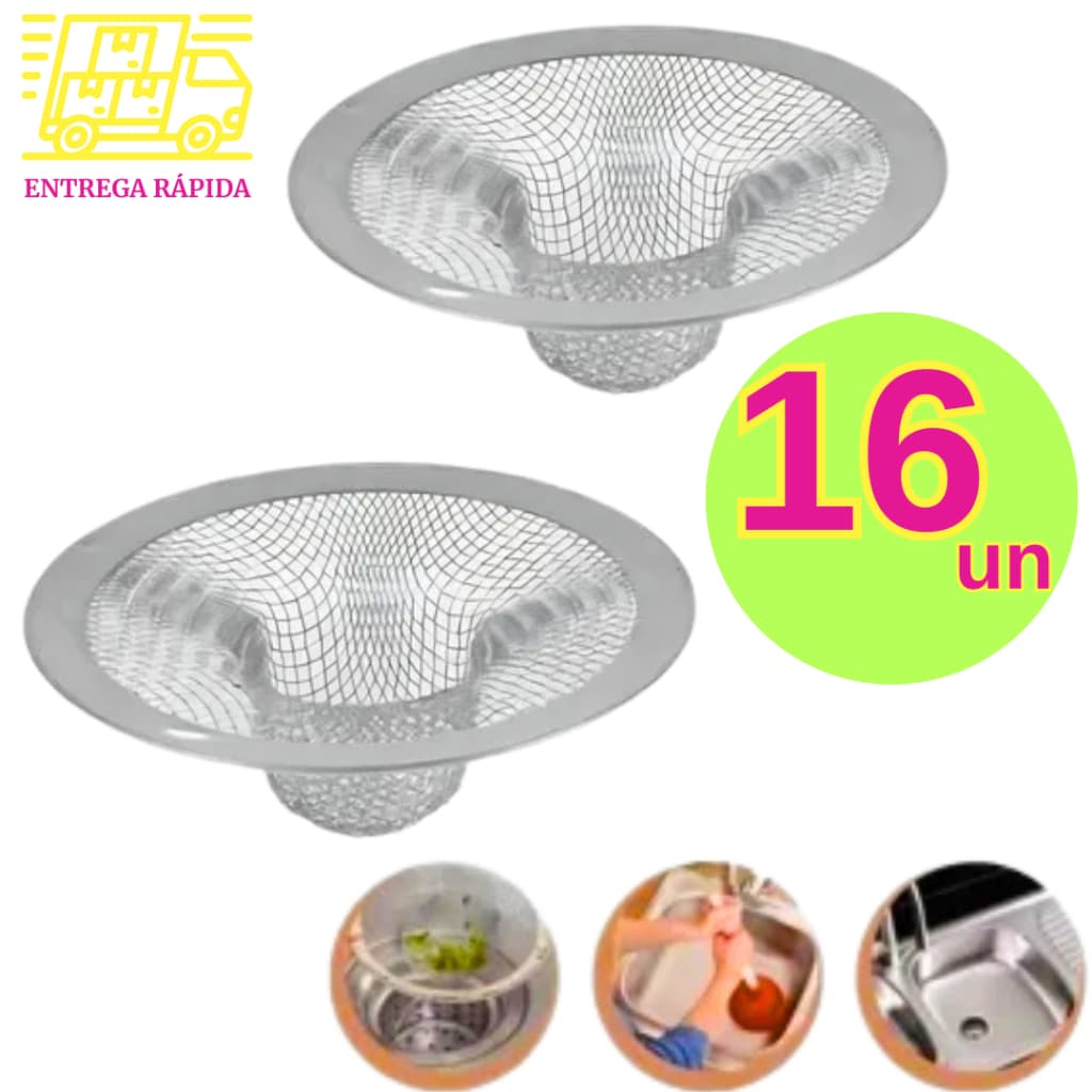 Jogo de Ralo 16 Peças para Pia de Cozinha Banheiro Tanques Borda em Aço Inox Premium 7cm Cestinha