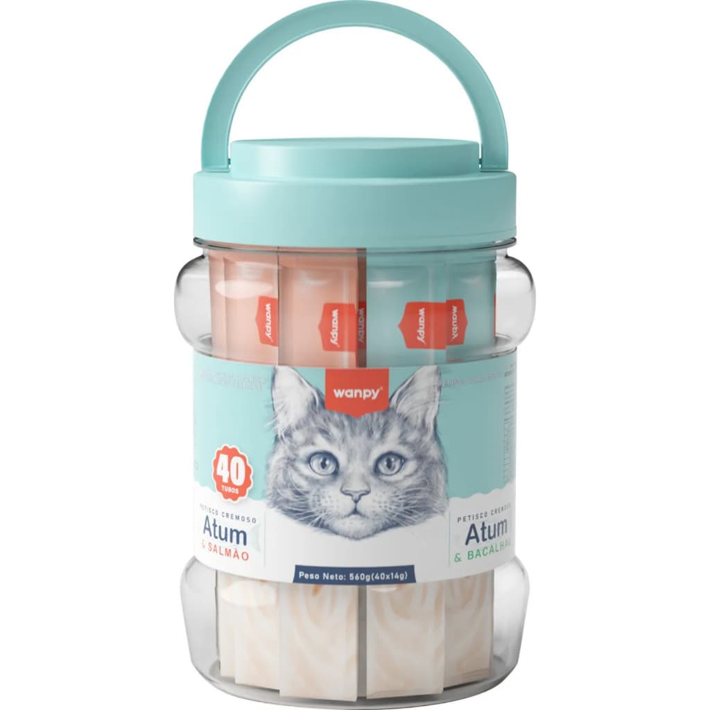 Wanpy/Truly Creamy Petisco Cremoso para Gatos, 40 Sachês, 560g, Atum e Salmão + Atum e Bacalhau
