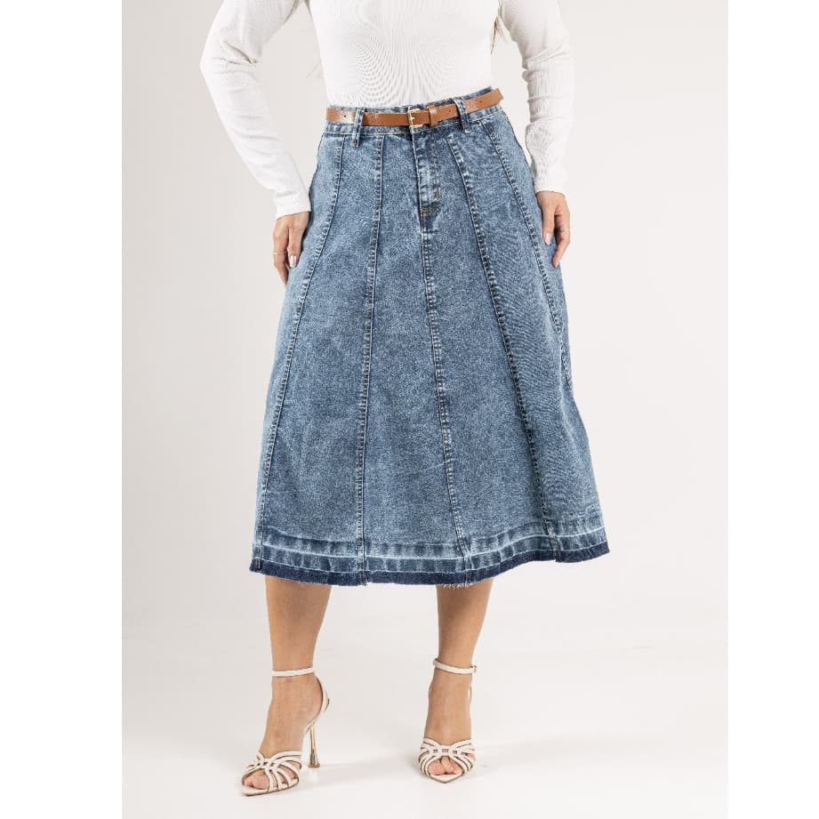 Saia Jeans + Cinto De Couro Moda Fashion Elegante Minimalista Midi Com Lycra Feminina Evangélica