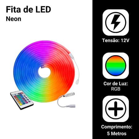 Fita Led Neon Flexível 5m 12v Alto Brilho Rgb Com Controle Decoração Natal