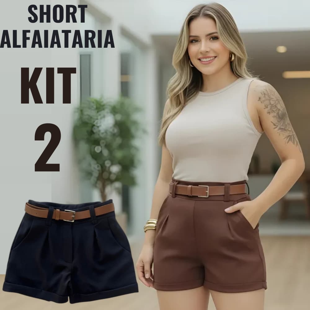 Kit 2 Short Alfaiataria Cintura Alta Feminino ACOMPANHA CINTO