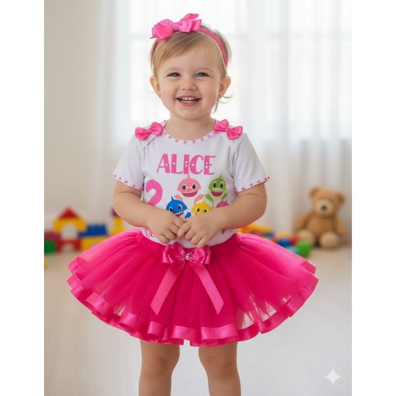 Fantasia Baby Shark Infantil RN até 4 anos Body Personalizado Saia de Tutu e Laço de Cabelo