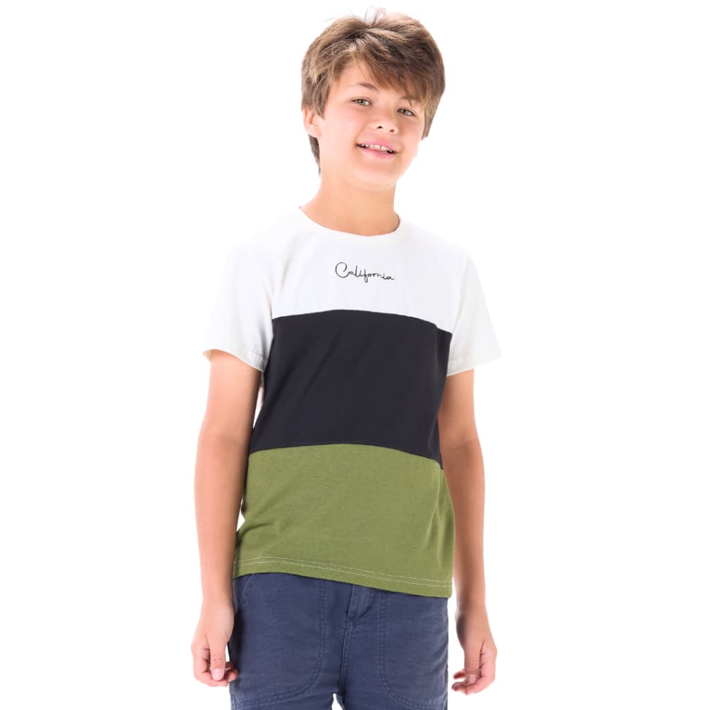 Camiseta Juvenil Menino Manga Curta em Meia Malha com Recorte e Bordado 10 ao 16 anos  -100% Algodão