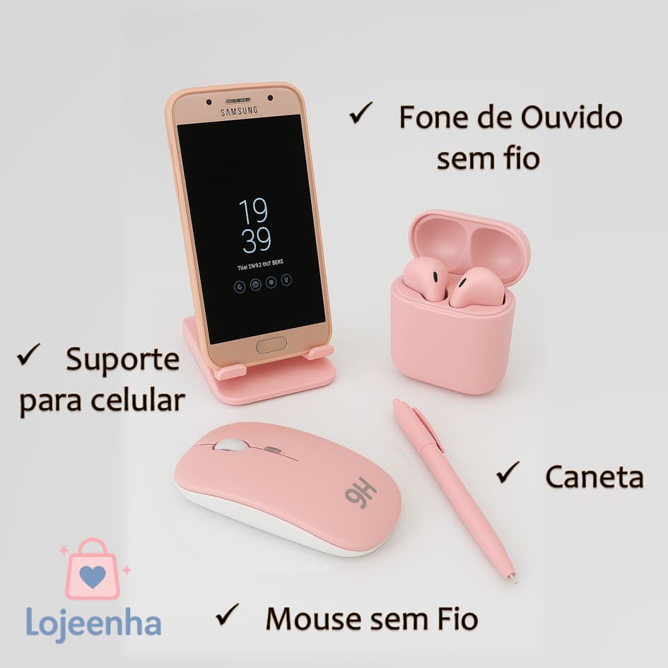 Kit Home Office Rosa – Suporte Celular + Caneta Rosa + Fone de Ouvido