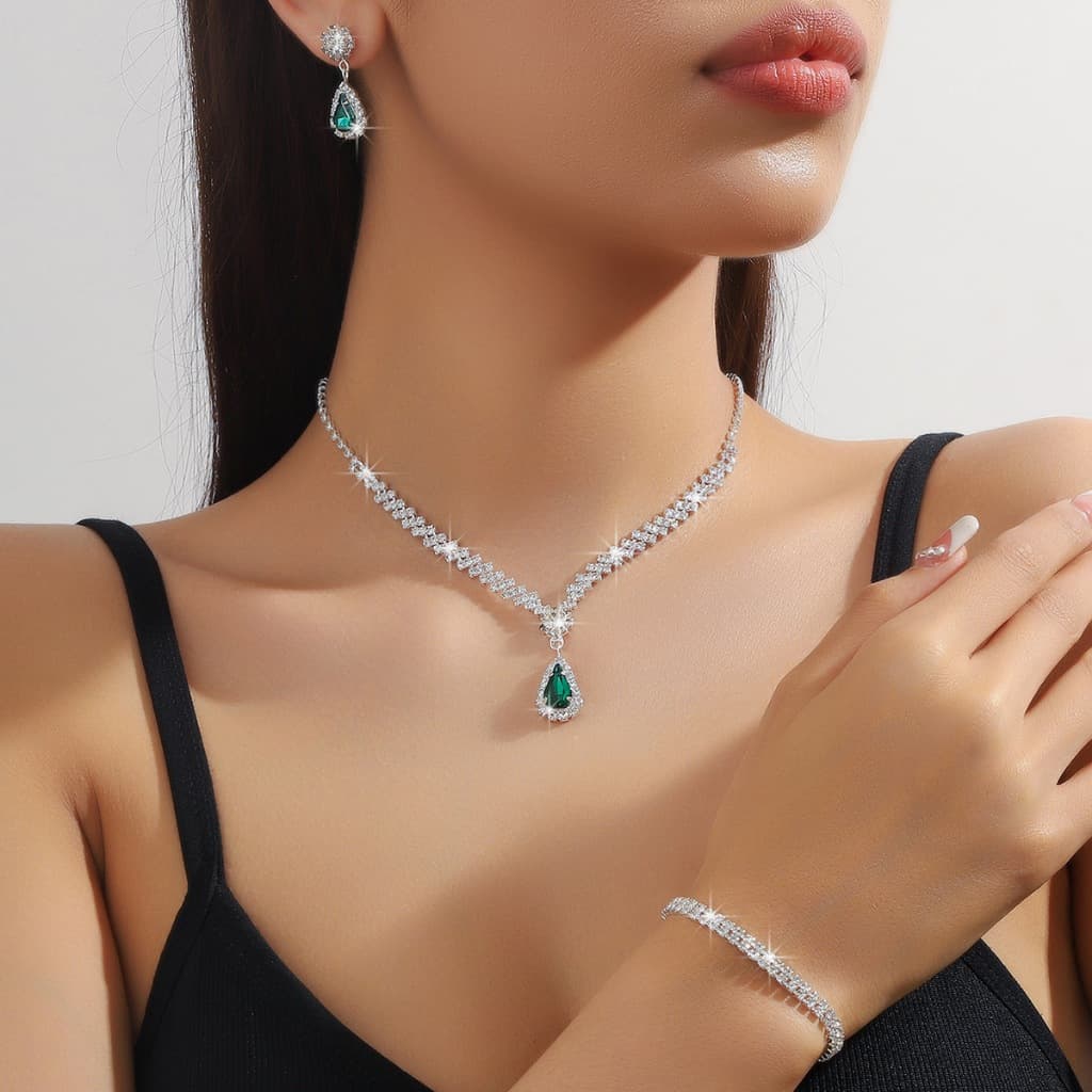 Kit 3 Peças Conjunto de Joias Femininas Luxo Colar Pulseira Brincos Strass Brilhante Casamento Festa Noiva Elegante