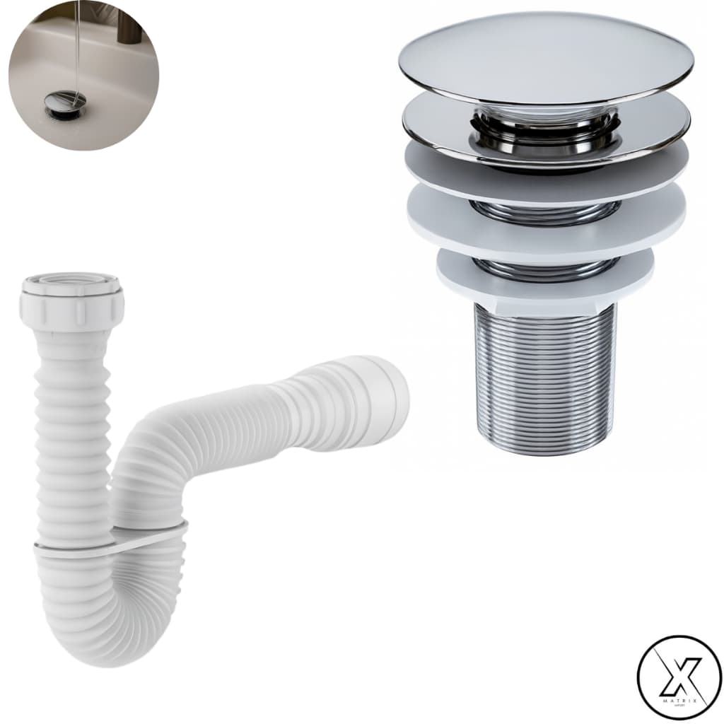 Kit de Banheiro em ABS- Ralo Válvula click 7/8 Cromada+ Sifão Flexível Sanfonado Universal