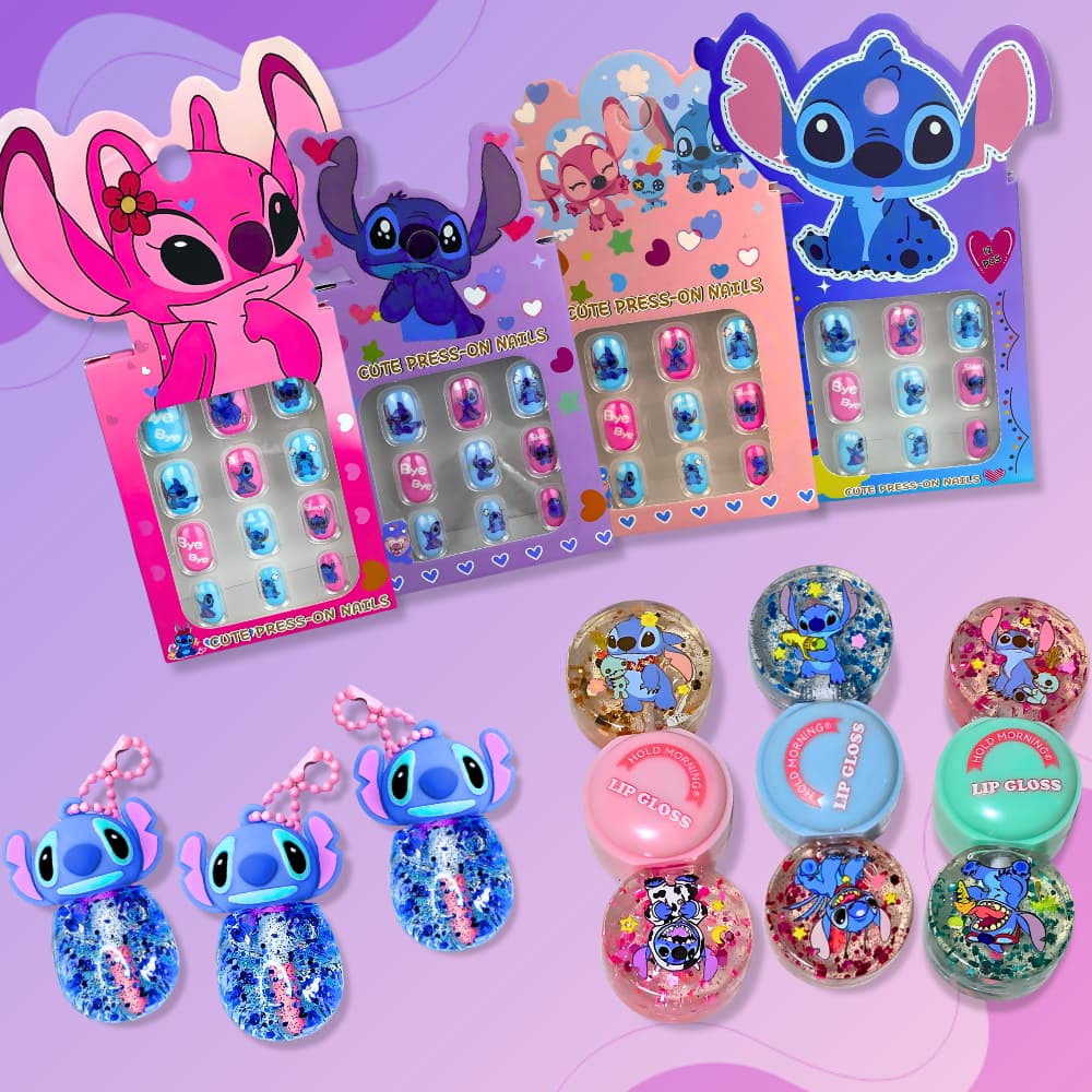 Kit Stitch Unhas Postiças + Gloss Labial | Beleza Infantil | Disney Fofo