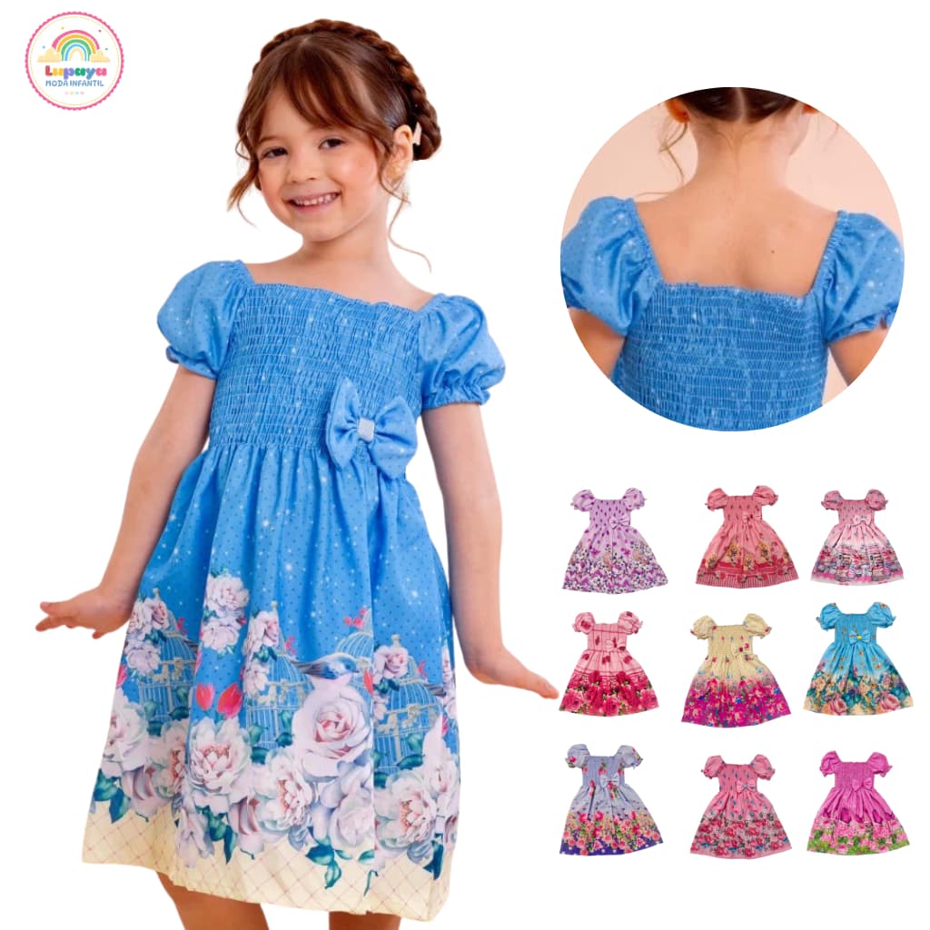 Vestido infantil menina azul com flores brancas rodado e fresquinho para festas ensaio escola igrej