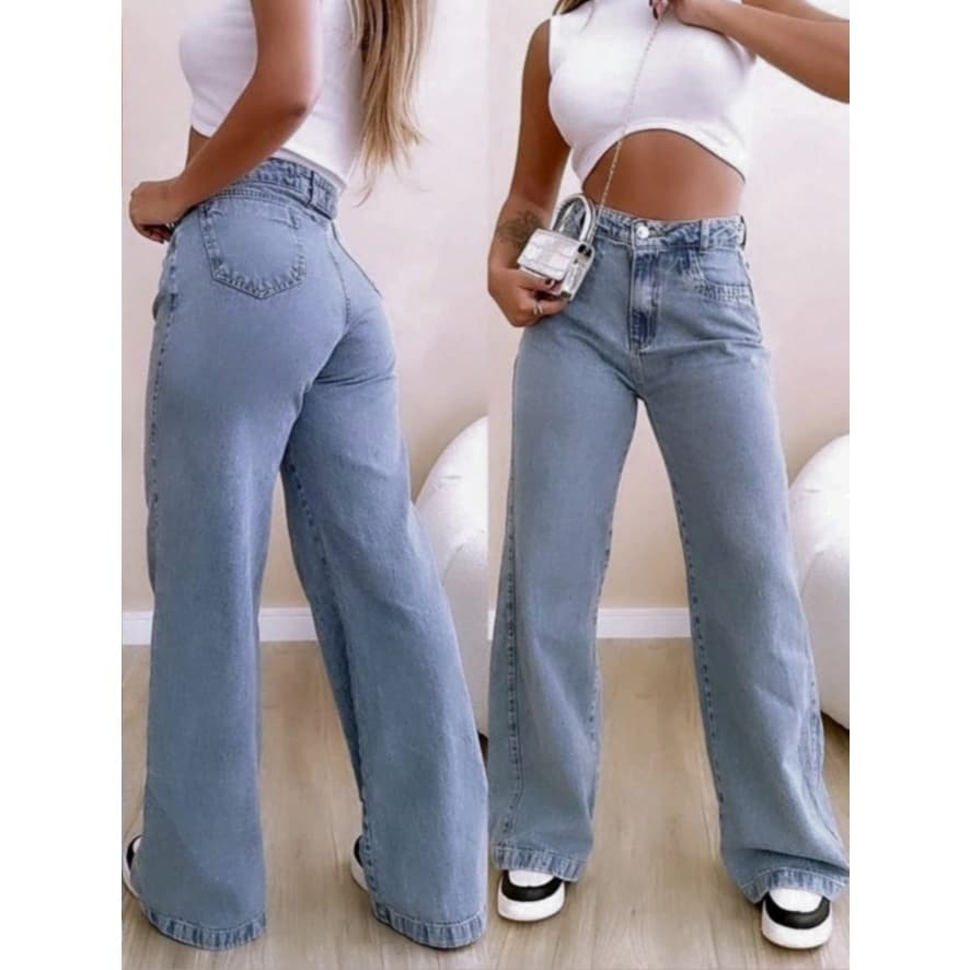 Calça Jeans Wide Leg Feminina Cintura Alta Tecido Encorpado de Qualidade