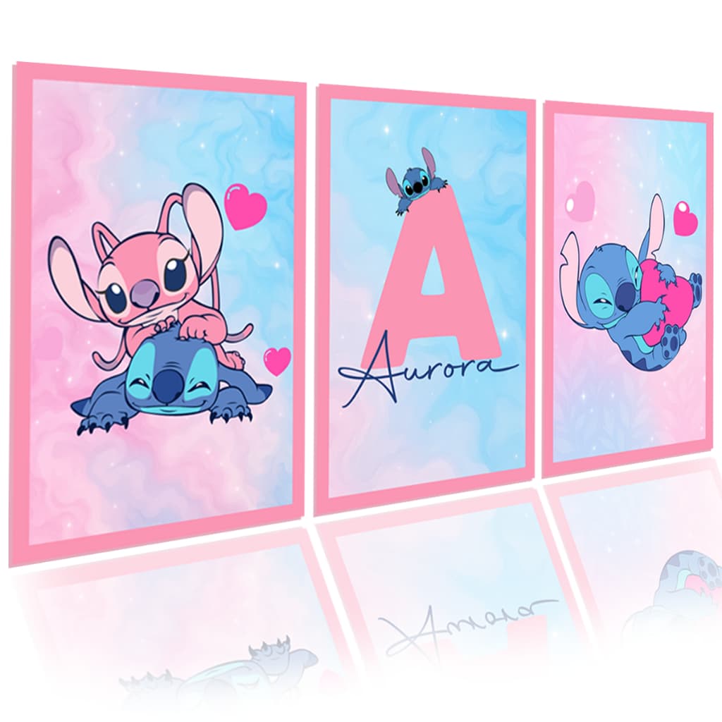 Quadro Decorativo Lilo & Stitch e Angel Kit 3 Peças Decoração Infantil Com Nome Personalizado Bebê