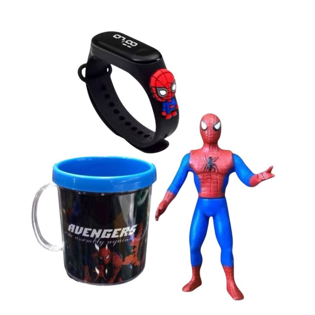 Kit Homem Aranha 3 Itens Boneco + Relógio Digital + Caneca Presente Infantil Completo