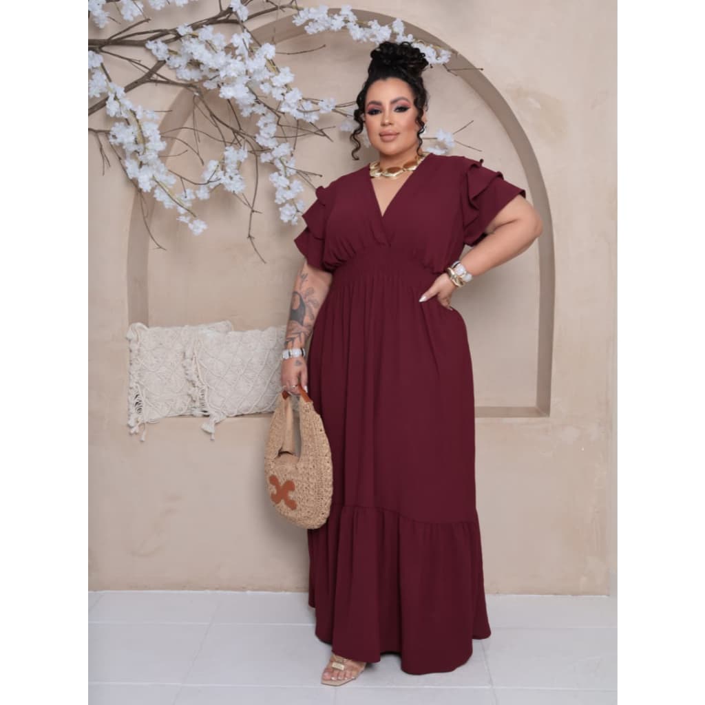 Vestido Feminino Longo Plus Size Decote V Babado Na Saya 3 Marias Com Manga Moda Verao