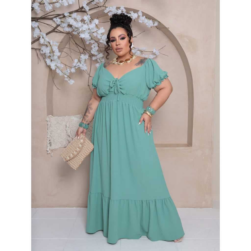 Vestido FEMININO  longo Plus Size em Decote V Estampado e Liso Lastex Nas Mangas