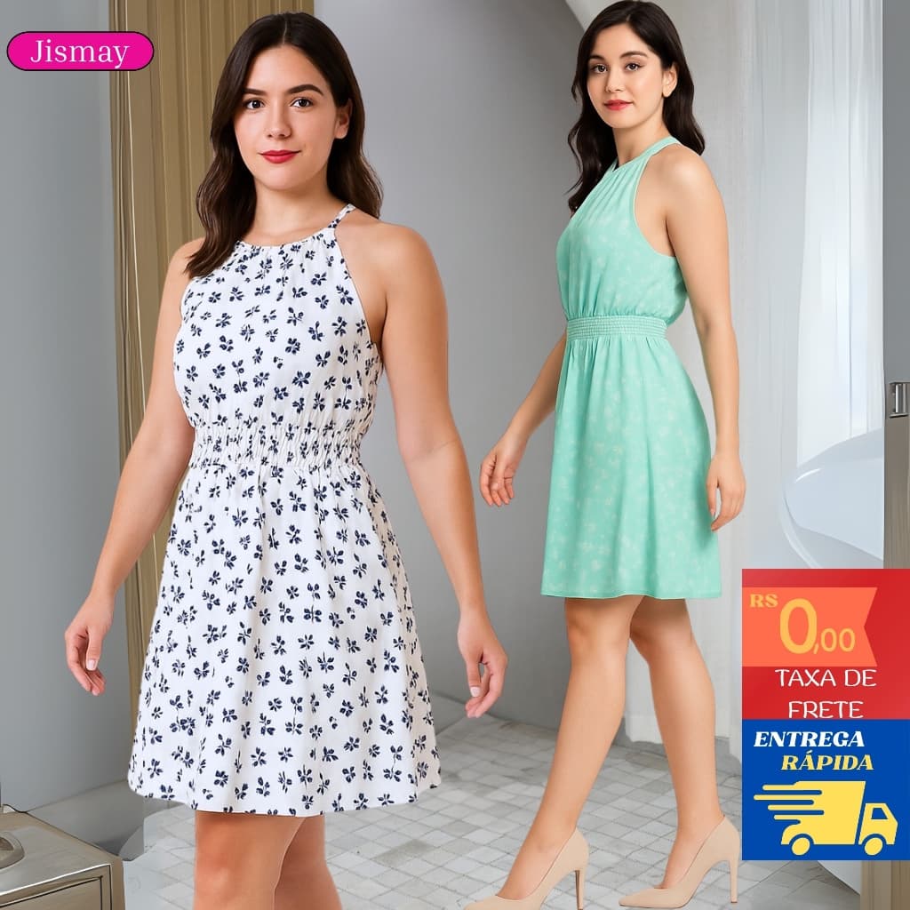 Vestido Curto Feminino de Alçinha com lastex Midi Estampado Florcinha Verão