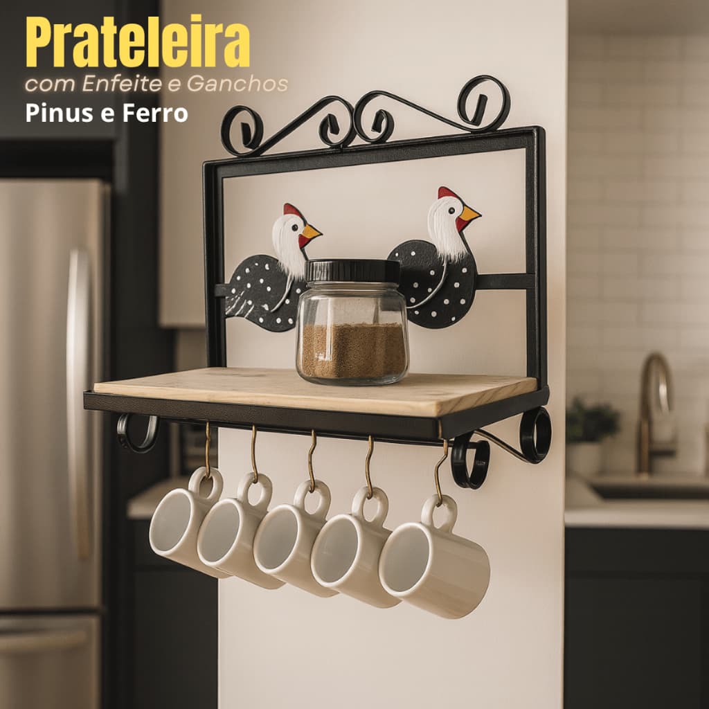 Prateleira Com Ganchos Para Canecas Porta Tempero Para Cozinha Decoração Galinha Enfeite
