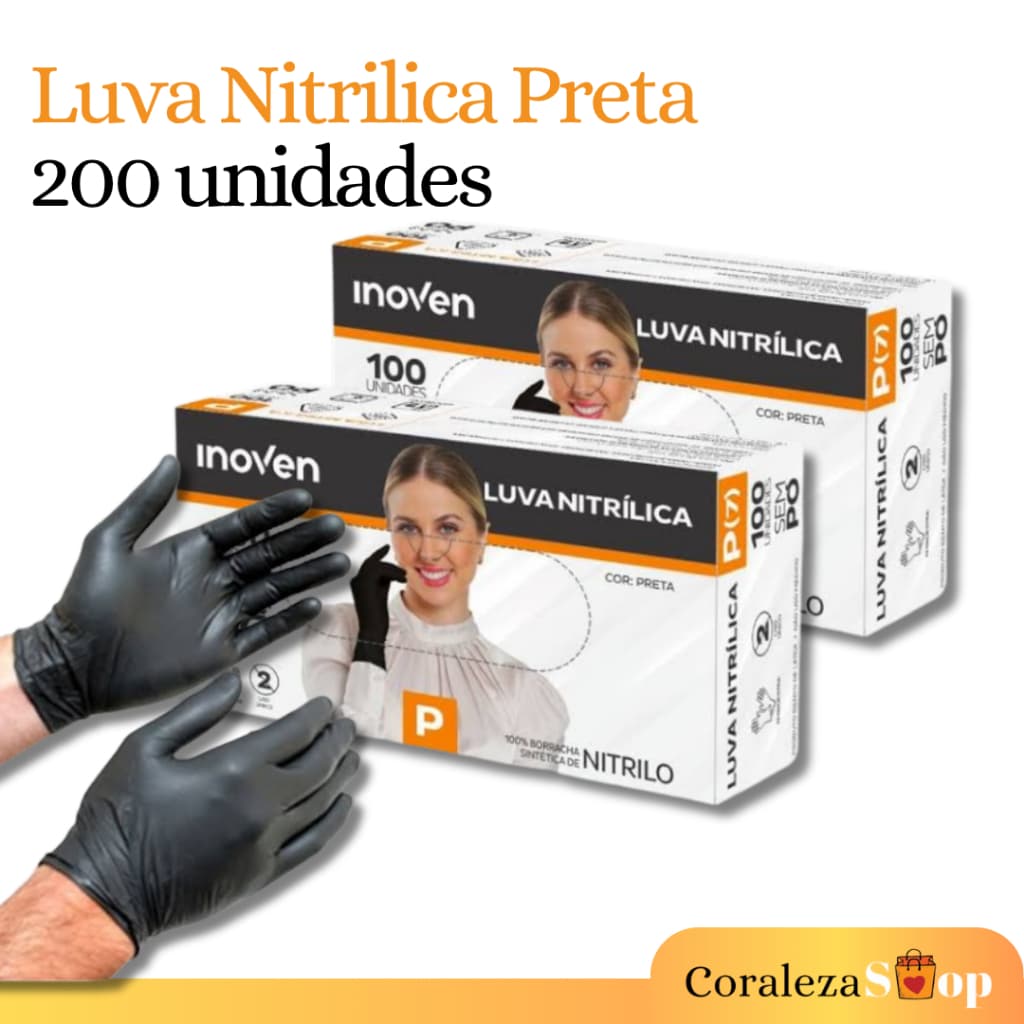 Luva Nitrílica Preta 200 Unidades - P, M ou G - Uso Profissional