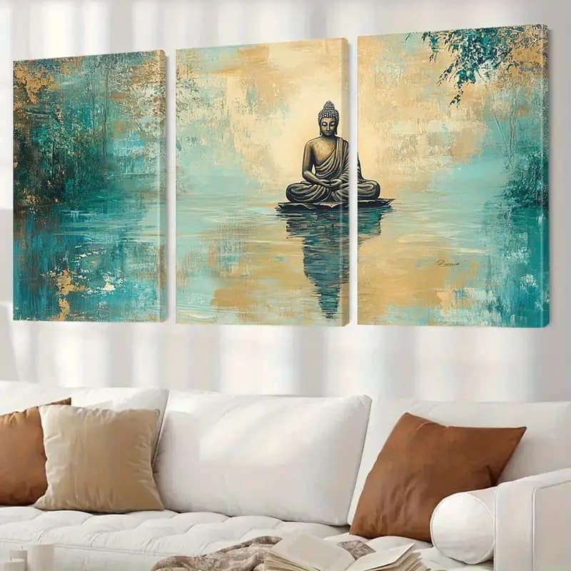 Kit 3 Peças Quadro Decorativo Buda Zen Meditação Paisagem Abstrata Dourado e Azul Decoração Quarto