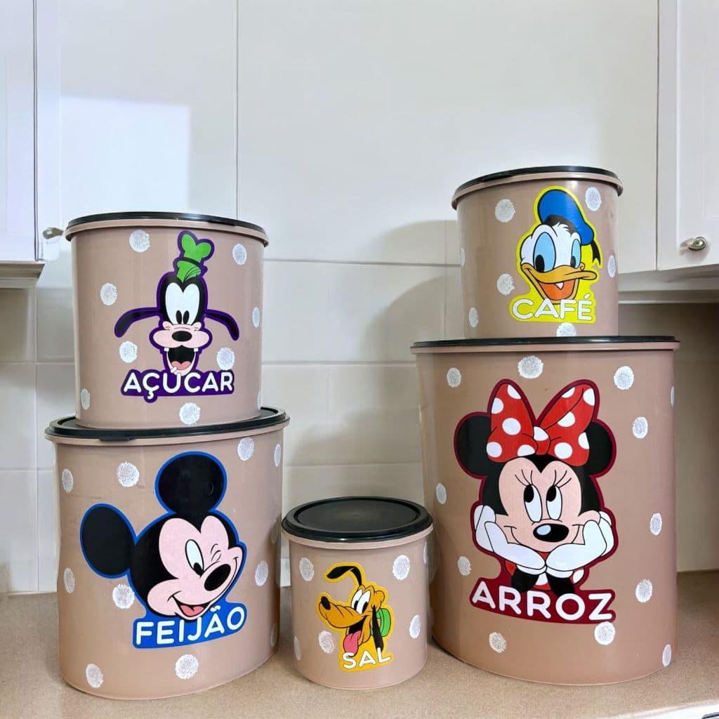 Kit 5 Potes Porta Mantimento Mickey Minnie e 4 Potes Redondos Bowl Cozinha Organizada
