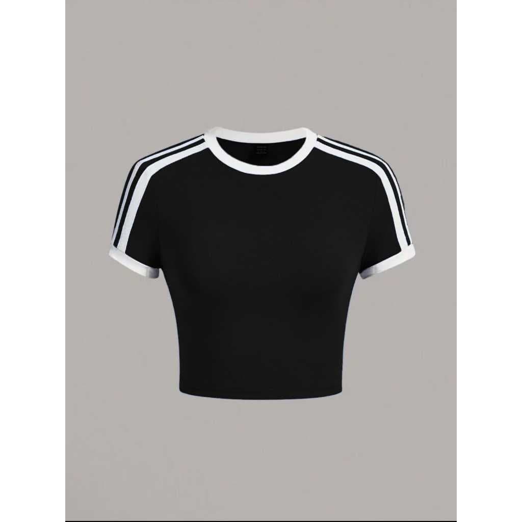 Camiseta Casual De Algodão De Estilo Justo Cruzada e de Gola Redonda Em Contraste Branco Verão Feminina