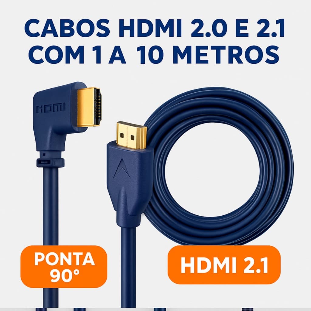 Cabo HDMI 1m a 10m Aquário 2.0 ou 2.1 Conector Reto ou 90° em L 4K 8K HDR 5m Xbox PS5 Telvisão