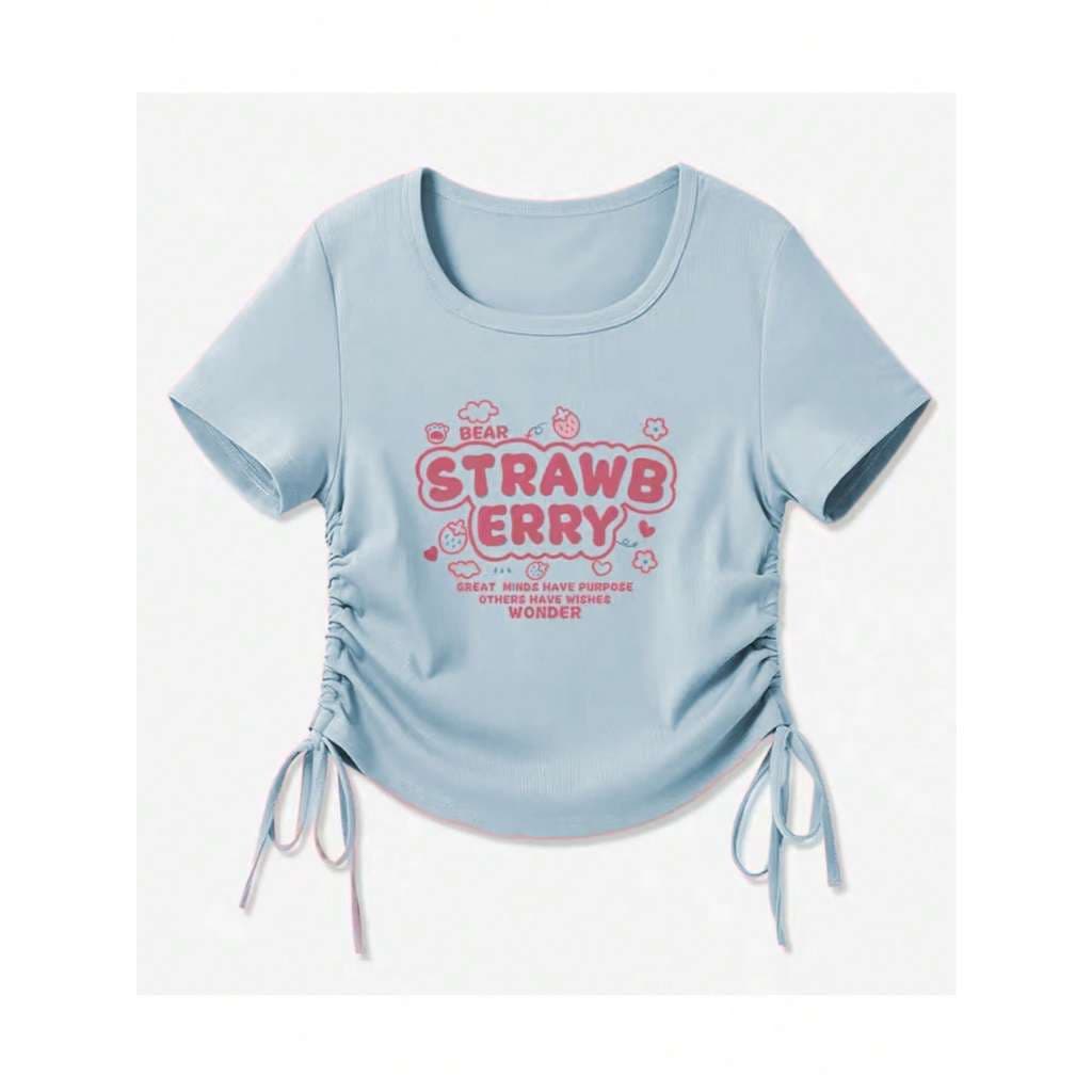 T-shirt Camisa Cropped Feminina Manga Curta Estampada Verão Primavera Letra Floral Coração Casa Férias