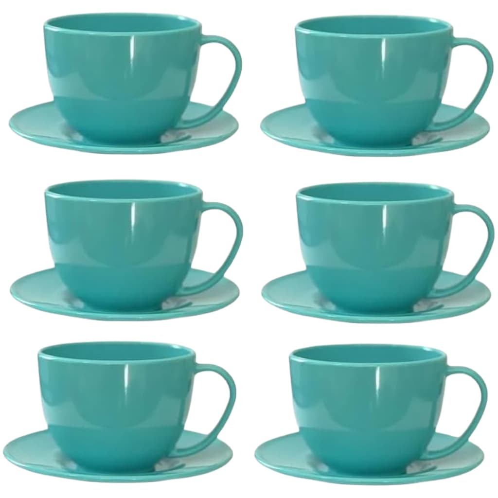 Xícara Acrílica 180ml Azul Tiffany 6 Unidades Com 6 Pires Para Café Chá Cozinha Decoração