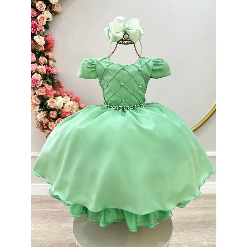 Vestido Infantil Para Festas Casamentos Batizados Daminhas Verde Com Cinto de Pérolas Luxo
