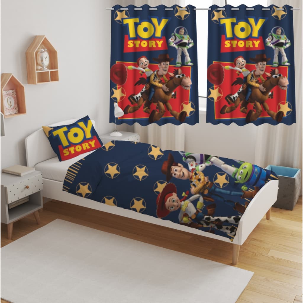 Jogo De Lençol Solteiro Personagens Toy Aventura para Quarto Infantil, ou Cortina, ou Kit Completo