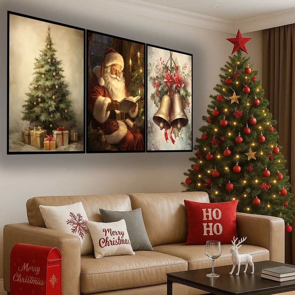 Quadro Decorativo Natalino Natal Sino Papai Noel Arvore Presentes HD 3 Peças