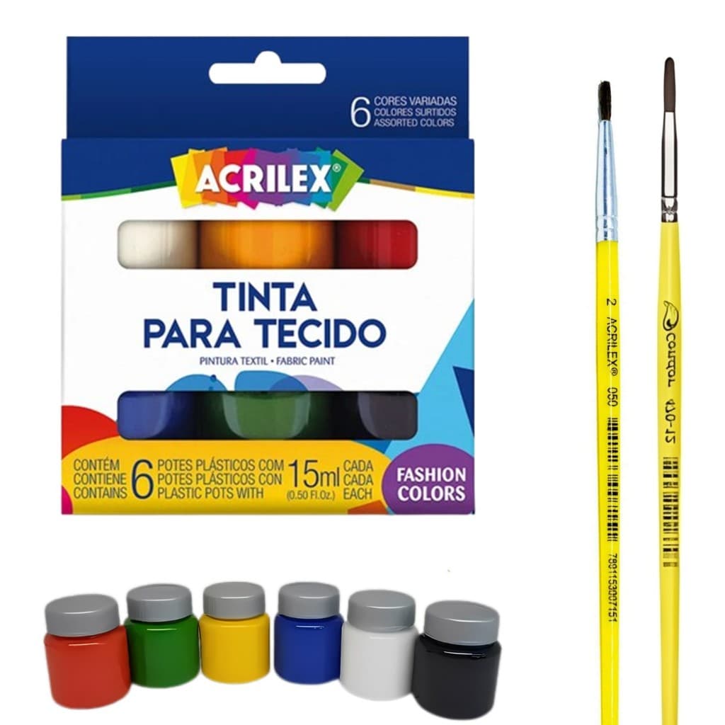 Kit Pintura Tecido Acrilex 6 Cores + 2 Pincéis Artísticos