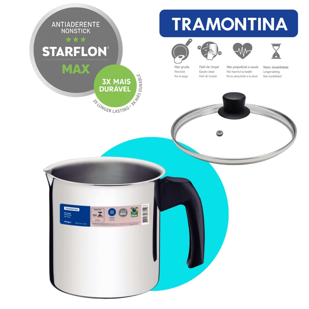 Fervedor Leiteira Tramontina Aço Inox Allegra Com Tampa Vidro Temperado 12Cm 1,4L