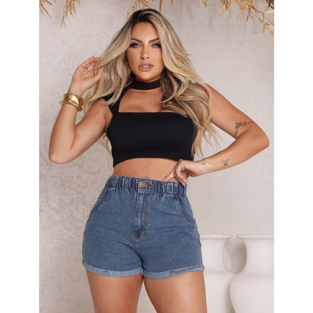 Shorts Jeans Feminino Barra Dobrada Cós De Elástico