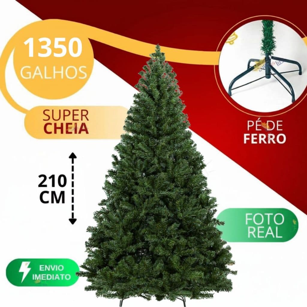 Árvore de Natal Verde 2,10m com 1350 Galhos e Base de Ferro – Cheia, Volumosa e Fácil de Montar