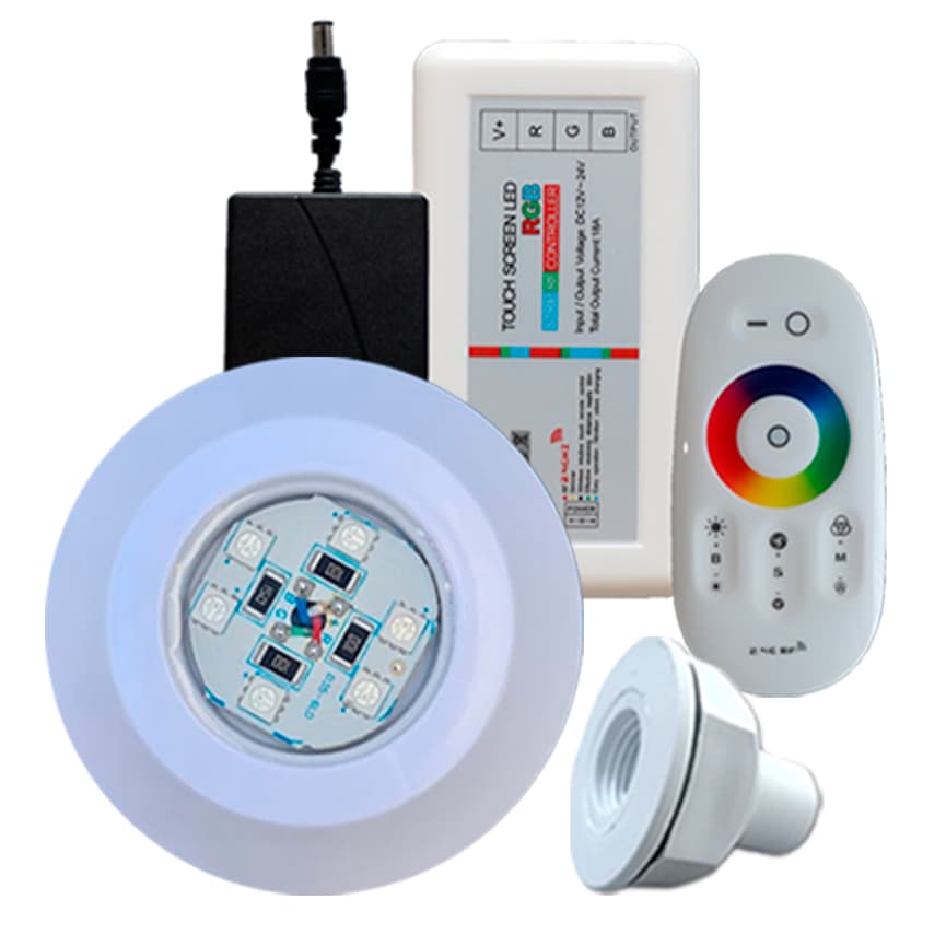 Kit Iluminação Refletor Led 9w Rgb Piscinas de Fibra Com Controlador Touch + Fonte