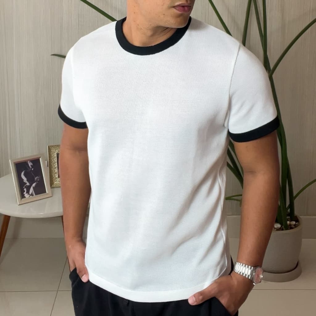 Camiseta Masculina Manga Curta Social Malha T Shirt Branca e Preta