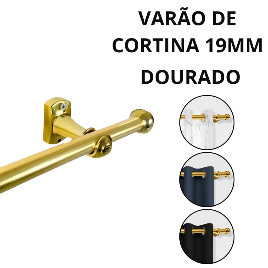 Varão De Aço Para Cortina Simples Dourado 19mm Com Ponteira e Suporte