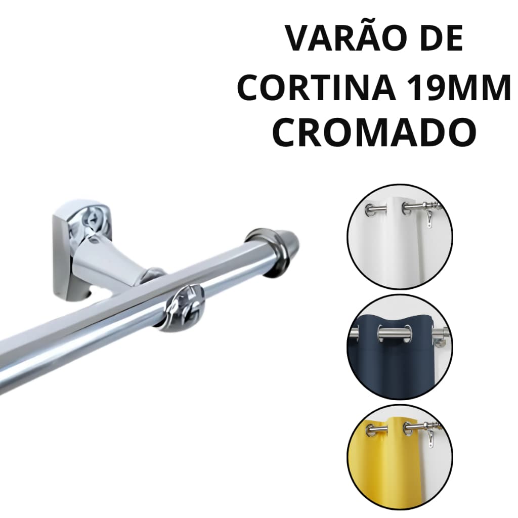 Varão De Aço Ferro Para Cortina Simples Cromado 19mm Com Ponteira e Suporte